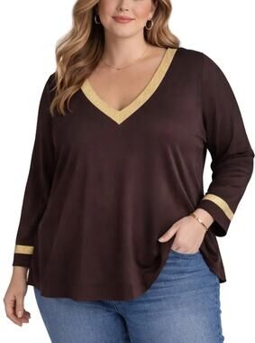 Belle by Kim Gravel ScubaLuxe Top 3X Brown V-Neck Shimmer Trim Long Sleeve